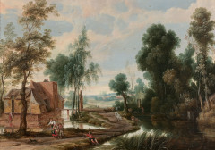 Jan WILDENS Anvers, vers 1585 - 1653 Paysage fluvial animé de personnages Huile sur panneau, une planche, préparé au verso