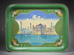 GRAND PLATEAU OTTOMAN DÉCORÉ DU TEMPLE D'OR À AMRITSAR  Marqué Czernay et Cie, Galata, Constantinople, fin du XIXe siècle