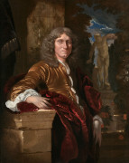 Adriaen van der WERFF Rotterdam, 1659 - 1722 Portrait d'un gentilhomme accoudé à un piédestal devant un parc Huile sur toile