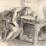 Jean-Baptiste GREUZE Tournus, 1725 - Paris, 1805 Etude d'homme effondré sur une table Lavis gris