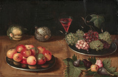 Ecole flamande du XVIIe siècle  Vase de fleurs et bol de cerises sur un entablement et Plats de fruits et verre de vin sur un entabl...