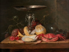 Theodoor SMITS Actif à Anvers au XVIIe siècle Tazza, citron et fruits de mer sur un entablement Huile sur panneau de chêne, une plan...