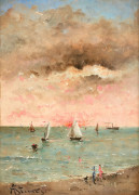 Alfred STEVENS Bruxelles, 1823 - Paris, 1906 Figures sur la plage au couchant Huile sur panneau, une planche