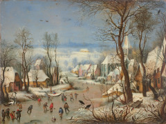 Josef van BREDAEL Anvers, 1688 - Paris, 1739 Paysage d'hiver à la trappe aux oiseaux, d'après Pieter Brueghel Huile sur cuivre