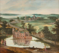 Jacob GRIMMER Anvers, vers 1525 - vers 1609 Château dans un paysage avec un berger Huile sur panneau de chêne, deux planches