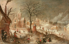 Ecole flamande du XVIIe siècle Entourage de David Vinckboons L'attaque d'un village en hiver Huile sur toile