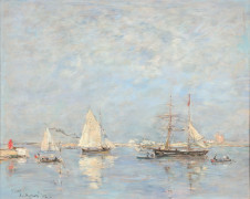 Eugène BOUDIN Honfleur, 1824 - Paris, 1898 Sortie des barques à Saint-Vaast-la-Hougue Huile sur panneau de résineux