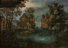 Ecole flamande du XVIIe siècle Entourage de Jan Brueghel le Jeune Vue d'un village près d'un fleuve Huile sur panneau de chêne