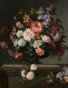 Jean-Baptiste MONNOYER Lille, 1636 - Londres, 1699 Vase de fleurs et fruits sur un entablement Huile sur toile