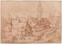 Ecole flamande vers 1600 Entourage de Hans Bol Vue animée d'un village Plume et encre brune, sur traits de crayon noir