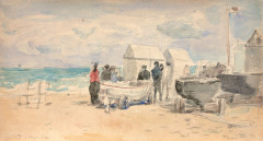 Eugène BOUDIN Honfleur, 1824 - Paris, 1898 Les canots sur la plage à Trouville Aquarelle