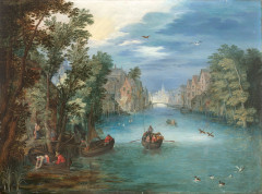 Jan BRUEGHEL le Jeune Anvers, 1601 - 1678 Paysage fluvial animé de personnages Huile sur cuivre