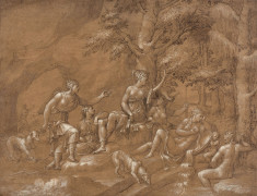 ¤ Ecole de Fontainebleau  Le repos de Diane et de ses nymphes Plume et encre brune et rehauts de blanc sur papier teinté en ocre jaune