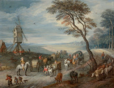 Josef van BREDAEL Anvers, 1688 - Paris, 1739 Le départ pour le marché, près d'un moulin Huile sur cuivre