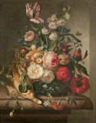 Rachel RUYSCH La Haye, 1664 - Amsterdam, 1750 Vase de fleurs et épis de maïs dans une niche Huile sur toile