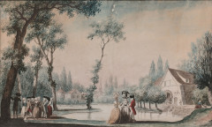 Louis CARROGIS, dit CARMONTELLE Paris, 1717 - 1806 Quatre fragments de transparent : scènes dans des parcs avec fabriques Aquarelle,...