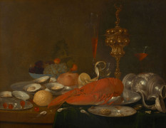 Andreas BENEDETTI Anvers, vers 1615 - (?), après 1649 Homard, crevettes, plat d'huitres, verre de vin et orfèvrerie sur un entableme..