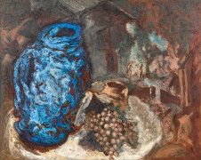 Gérard GAROUSTE (Né en 1946) Nature morte au vase bleu - 1984 Huile sur toile