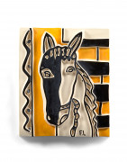 Fernand LEGER (d'après)  Cheval (fond jaune) - circa 1950 Céramique à décor polychrome émaillée