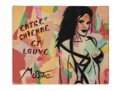 MISS.TIC (Française - 1956 - 2022) Entre chienne et louve - 2002 Pochoir, peinture aérosol et collages sur toile