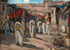 Jacques MAJORELLE 1886-1962 Souk des teinturiers à Marrakech, 1919 Huile sur toile fine marouflée sur carton