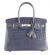 HERMÈS 2010  Sac BIRKIN 30 Crocodile du Nil lisse Bleu Brighton (Crocodylus niloticus) II/B Garniture métal argenté pallad...