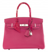 HERMÈS Édition Candy 2013  Sac BIRKIN 30 Veau Epsom Rose Tyrien Piqué sellier blanc Garniture métal argenté palladiéR...