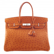 HERMÈS 2005  Sac BIRKIN 35 Autruche Tangerine (Struthio camelus) NR Garniture métal argenté palladié  BIRKIN 35 bag ...