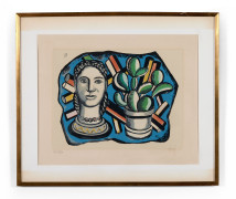 Fernand LEGER (d'après)  Tête sculptée sur fond bleu Sérigraphie en couleurs, exécutée d'après une gouache