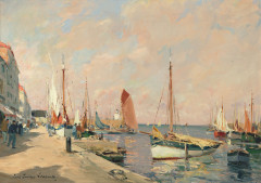 Paul-Emile LECOMTE 1877-1950 Bateaux à quai Huile sur toile