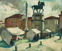 Lucien FONTANAROSA 1912-1975 Statue équestre de Gattamelata de Donatello à Padoue, Piazza del santo - 1939 Huile sur toile