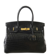 HERMÈS Sac BIRKIN 30 Crocodile d'estuaire mat noir (Crocodylus porosus) II/B Garniture métal plaqué or  BIRKIN 30 bag ...