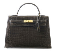 HERMÈS 1982  Sac KELLY Sellier 32 Crocodile du Nil lisse gris (Crocodylus niloticus) II/B Garniture métal plaqué or R...