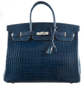 HERMÈS 2006  Sac BIRKIN 40 Crocodile d'estuaire lisse Bleu Roi (Crocodylus porosus) II/B Garniture métal argenté palladi...