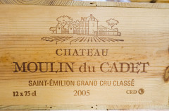 12 bouteilles CHÂTEAU MOULIN DU CADET 2005 GCC Saint Emilion Caisse bois d'origine