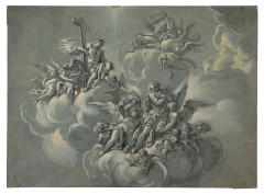 Carlo CARLONE Scaria, 1686 - Côme, 1775 Etude de plafond présentant le Ravissement de Marie Madeleine, le Christ et Dieu le père Plu...