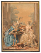 Louis CARROGIS, dit CARMONTELLE Paris, 1717 - 1806 Trois dames de qualité à leurs ouvrages sur une terrasse Aquarelle gouachée sur t...