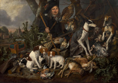 Carstiaen LUYCKS Anvers, 1623 - 1658 Gentilhomme chasseur avec sa meute de chiens et ses trophées de chasse Huile sur toile