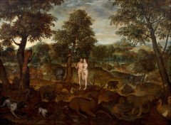 Ecole des Pays-Bas du Sud, XVIe siècle Entourage de Lucas van Gassel Le Paradis terrestre, Adam et Eve et les animaux de la création...