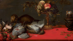 Ecole flamande du XVIIe siècle   Atelier de Frans Snyders Singe, gibiers et coupe de fruits Huile sur panneau, deux planches