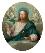 Ecole de Prague vers 1600  Le Christ Salvator Mundi entouré d'anges Huile sur cuivre de forme ovale