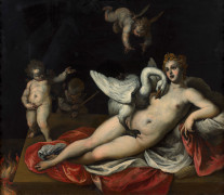 Alessandro TURCHI, dit l'Orbetto Vérone, 1578 - 1649 Léda et le cygne Huile sur obsidienne, doublée sur ardoise