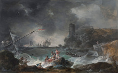 Alexandre-Jean NOËL Brie-Comte-Robert, 1752 - Paris, 1834 Tempête sur une côte rocheuse Gouache sur papier, marouflé sur toile, trai...