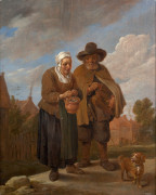 David TENIERS Anvers, 1610 - Bruxelles, 1690 Vieille femme au brasero et joueur de vielle Huile sur panneau de chêne, une planche