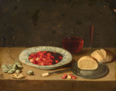 Pseudo-Jan van KESSEL II (Actif vers 1660 - 1750) Amandes et plat de cerises sur un entablement Huile sur cuivre