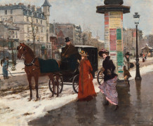 ¤ Francisco MIRALLES Y GALUP Valence, 1848 - Barcelone, 1901 Fiacre près du Moulin rouge à Paris en hiver Huile sur toile (Toile d'ori