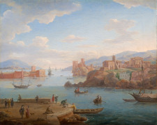 Hendrik Frans van LINT Anvers, 1684 - Rome, 1763 Vue d'un port méditerranéen animé de personnages Huile sur toile