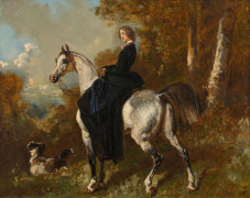 Alfred de DREUX Paris, 1810 - 1860 Amazone en noir sur un cheval gris pommelé Huile sur toile (Toile d'origine)