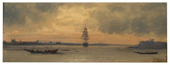 Eugène ISABEY Paris, 1803 - Montévrain, 1886 Marine au couchant sur Istanbul Huile sur papier marouflé sur panneau