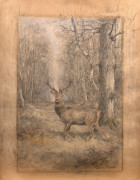 Xavier de PORET Dinan, 1894 - Chambéry, 1975 Cerf au passage d'une allée Crayon noir, sanguine, crayons de couleurs, gommage et touc..